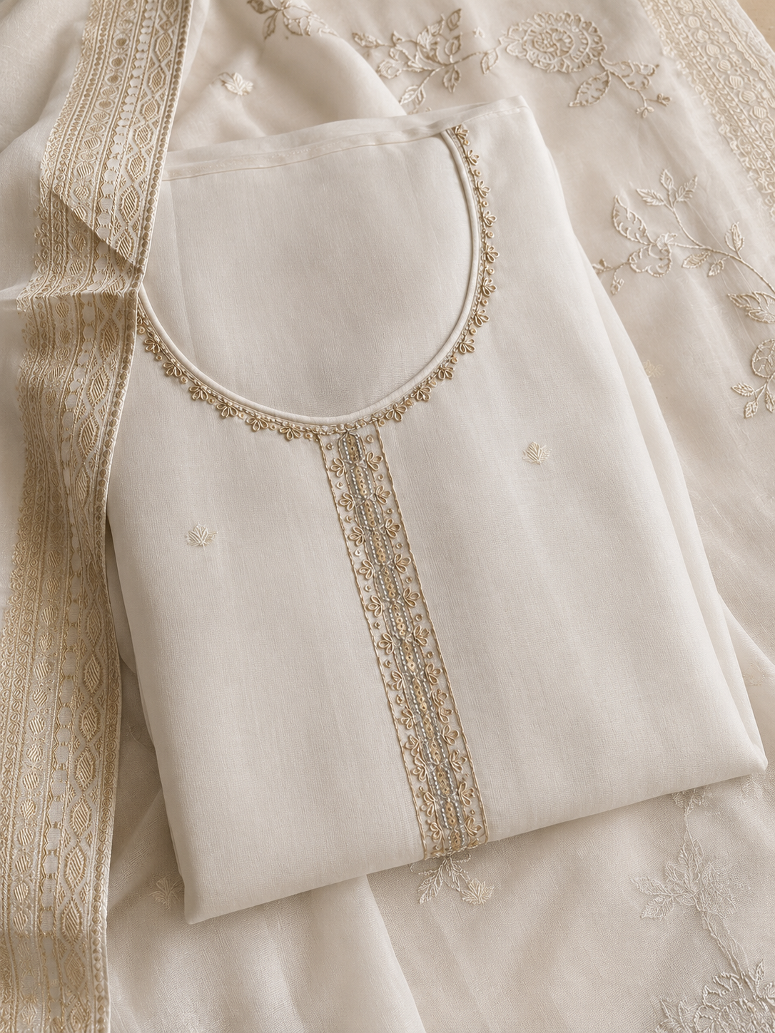 Noor Ivory Embroidered Semi-Stitched Kurti Set