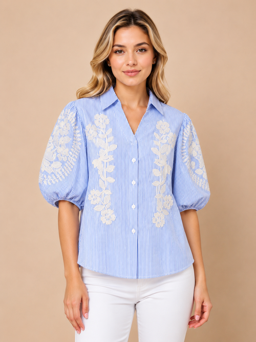 Stripe Floral Embroidered Puff Sleeve Shirt