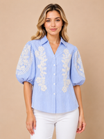 Stripe Floral Embroidered Puff Sleeve Shirt thumbnail