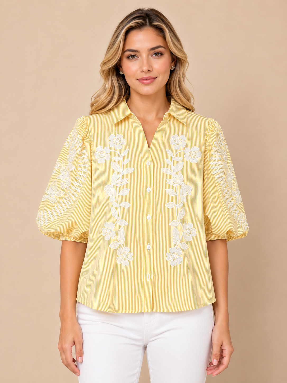 Stripe Floral Embroidered Puff Sleeve Shirt view 3