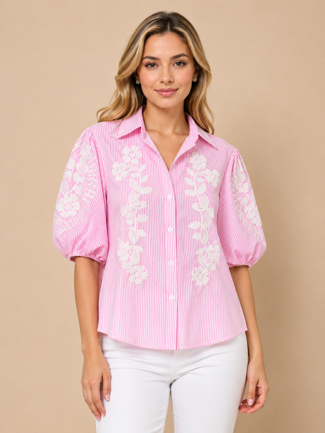 Stripe Floral Embroidered Puff Sleeve Shirt pink view layout card 1