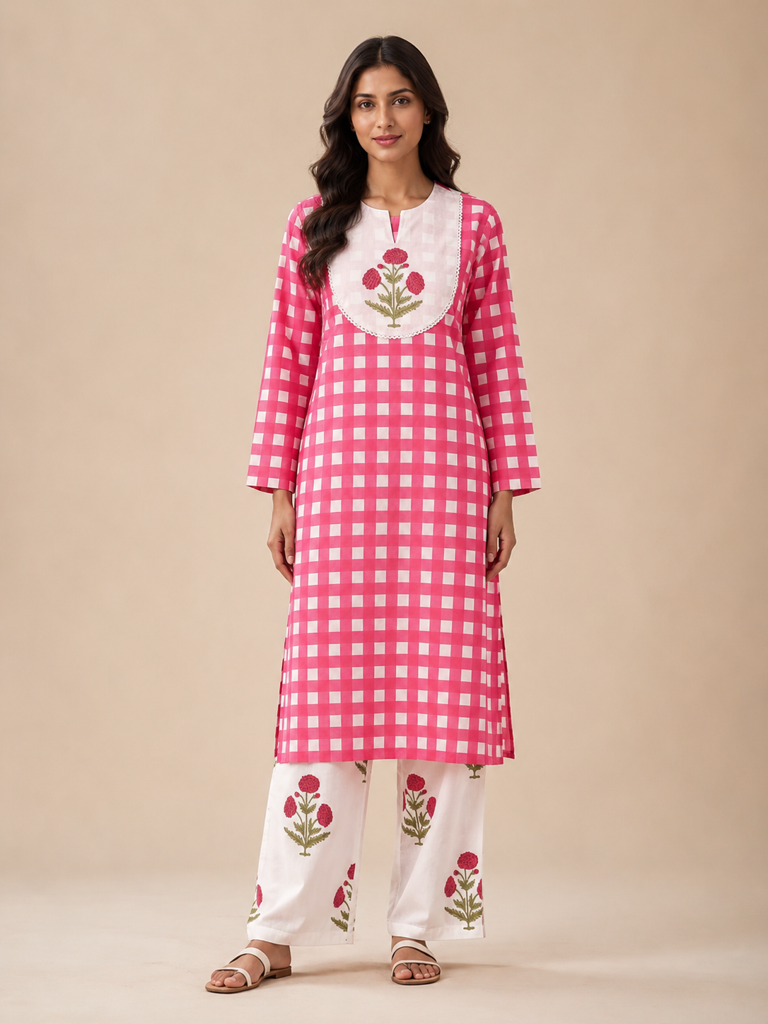 Pink Check Kurta & Palazzo Set