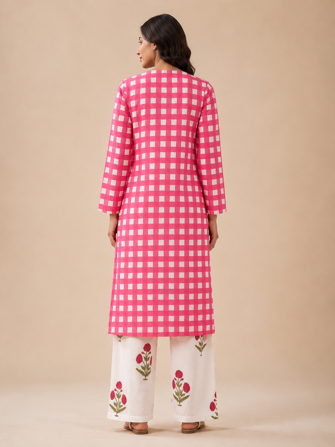 Pink Check Kurta Palazzo Set view layout card 3