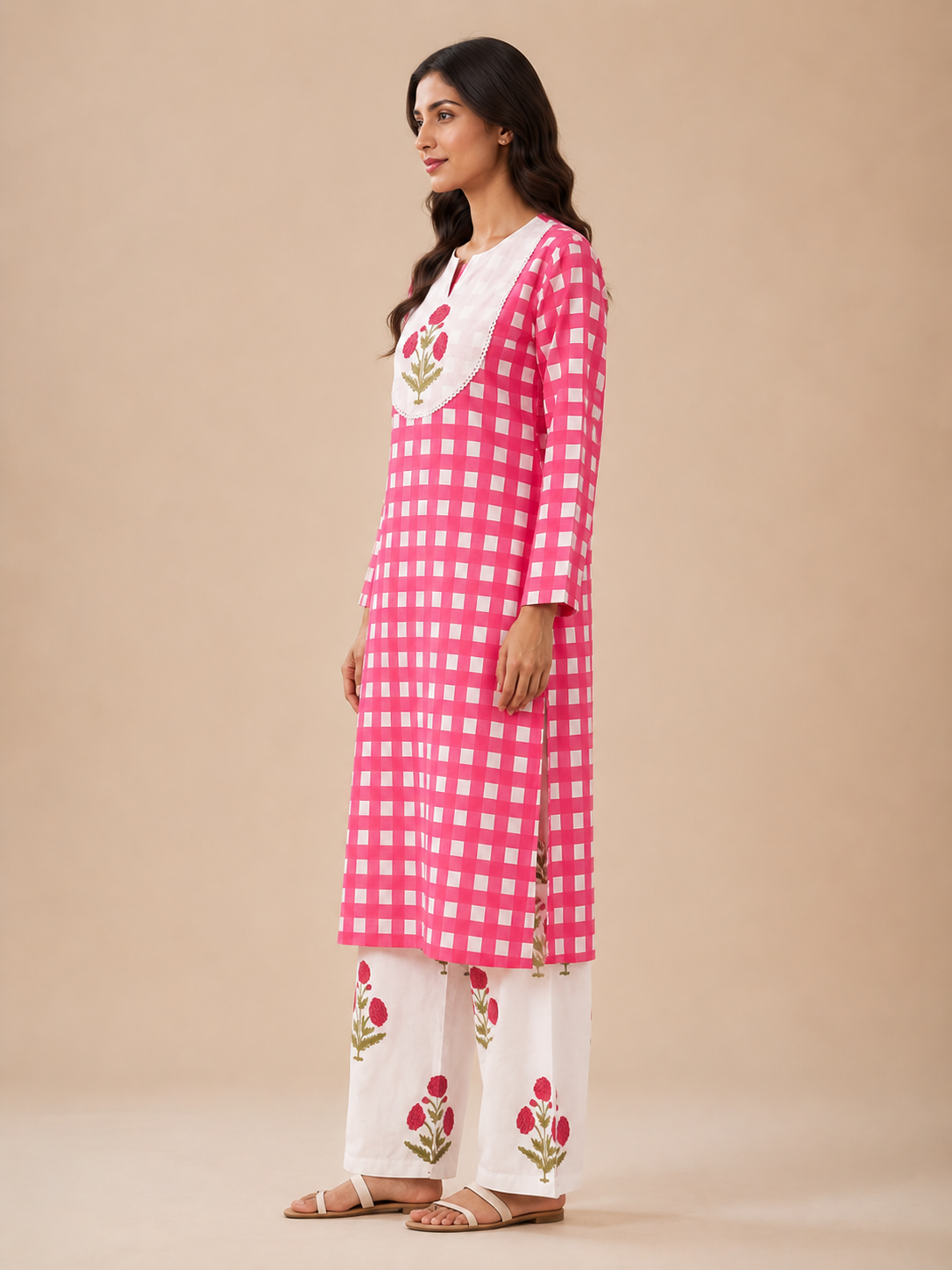 Pink Check Kurta Palazzo Set view layout card 2