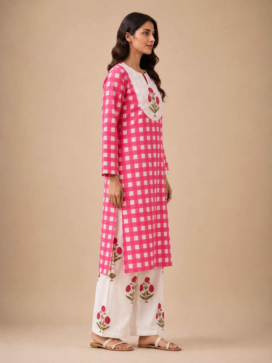 Pink Check Kurta Palazzo Set view layout card 1