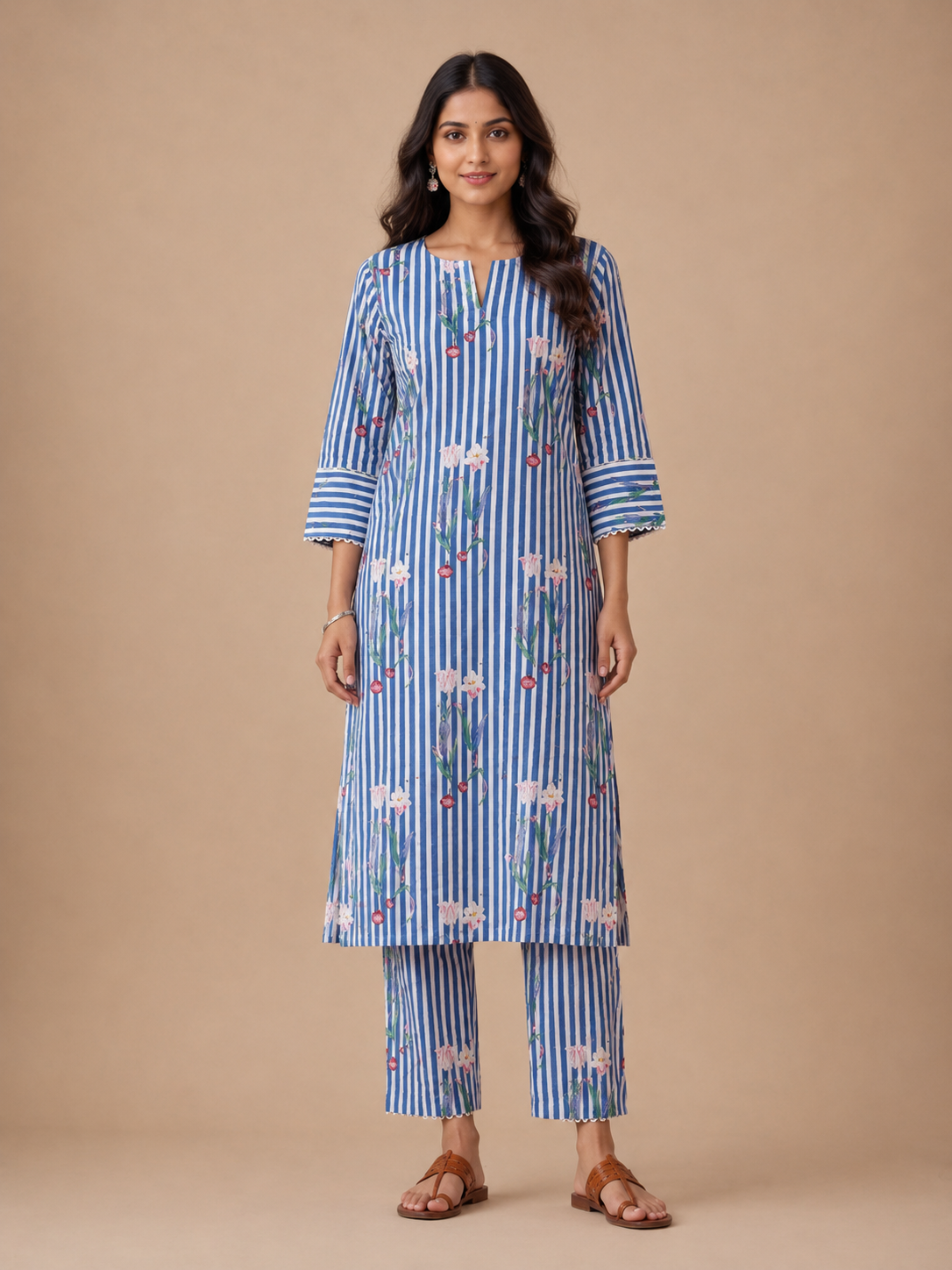 Blue Floral Stripe Kurta Set view layout card 3