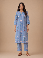 Blue Floral Stripe Kurta Set crop asset thumbnail