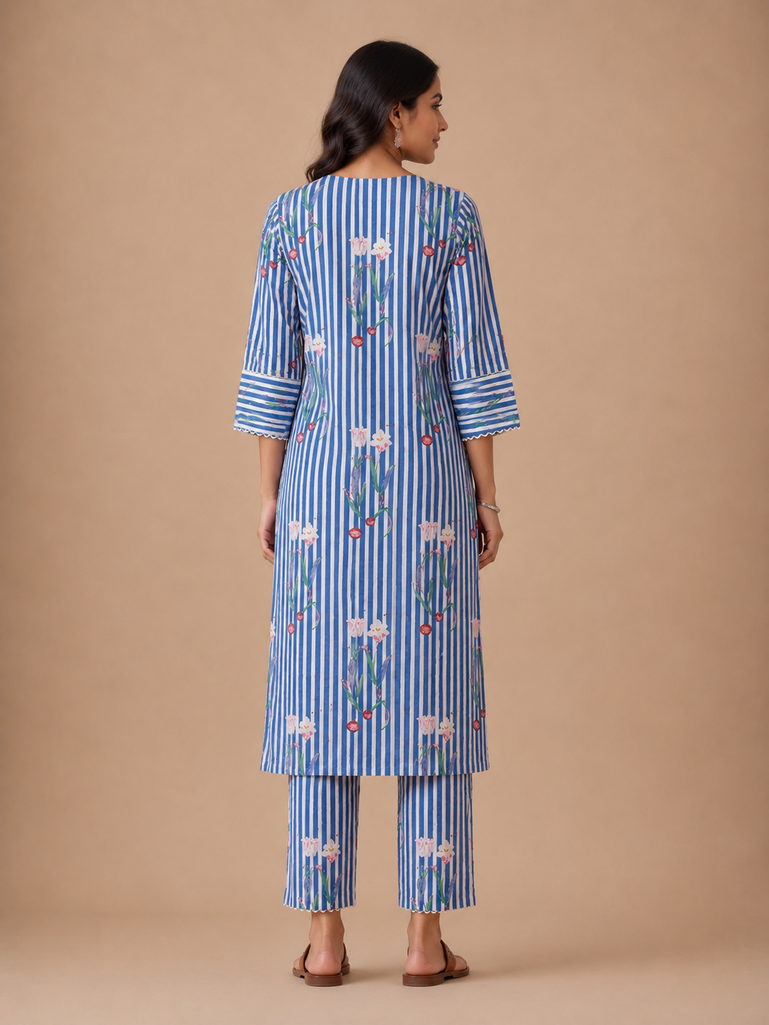 Blue Floral Stripe Kurta Set view layout card 4