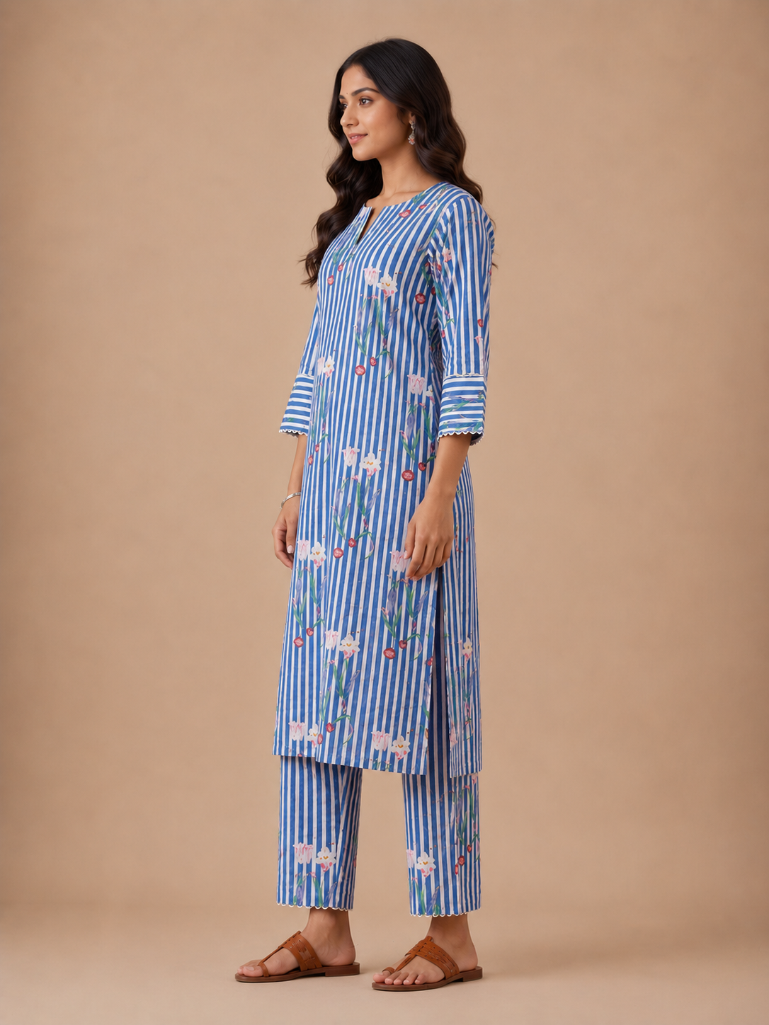 Blue Floral Stripe Kurta Set view layout card 2
