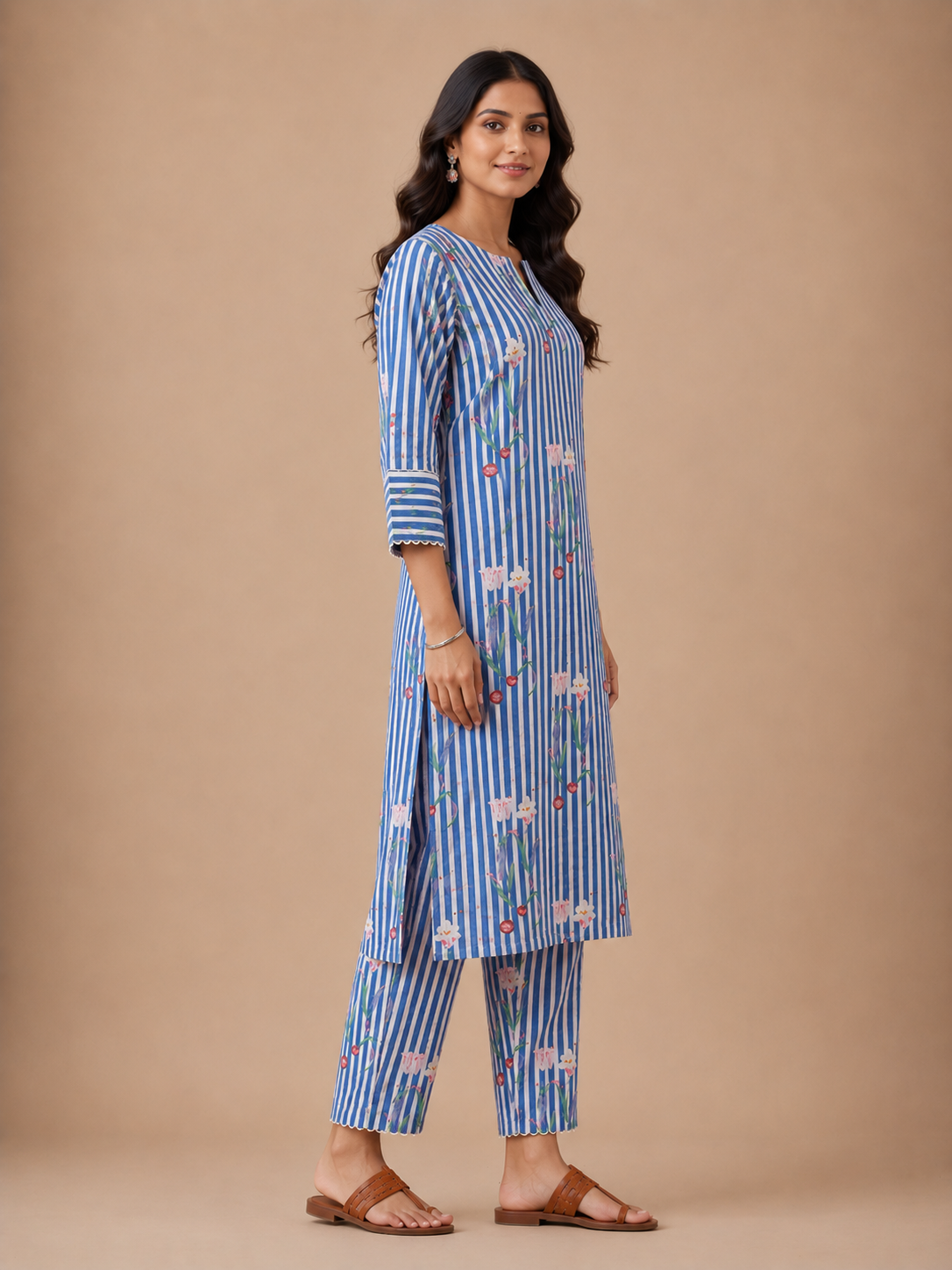 Blue Floral Stripe Kurta Set view layout card 1