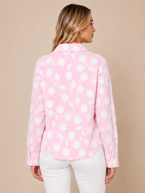 Stripe Floral Embroidered Shirt pink