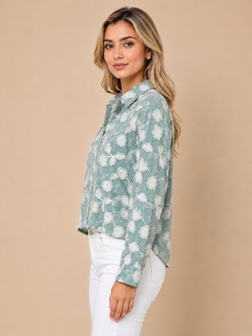 Stripe Floral Embroidered Shirt green
