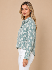 Green Stripe Floral Embroidered Shirt