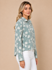 Green Stripe Floral Embroidered Shirt