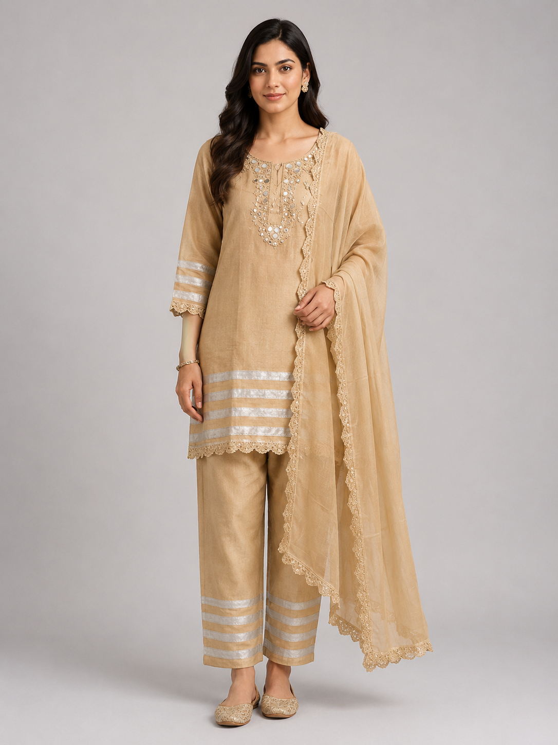 Beige Embroidered Kurta Set with Dupatta view layout card 4