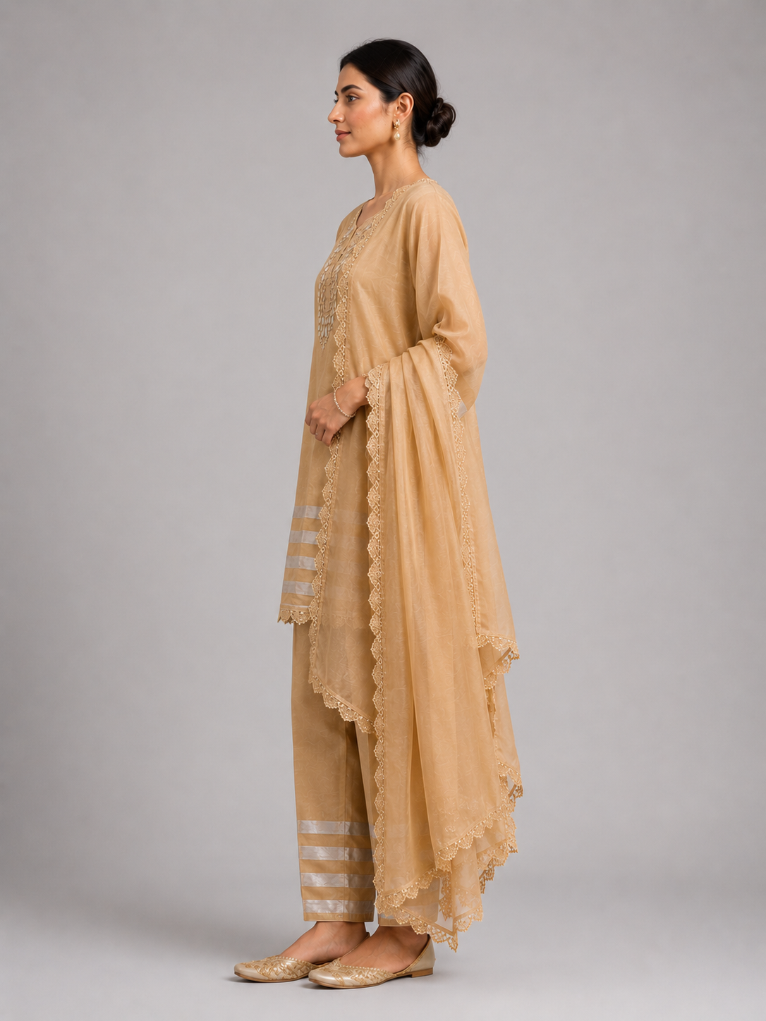 Beige Embroidered Kurta Set with Dupatta view layout card 2