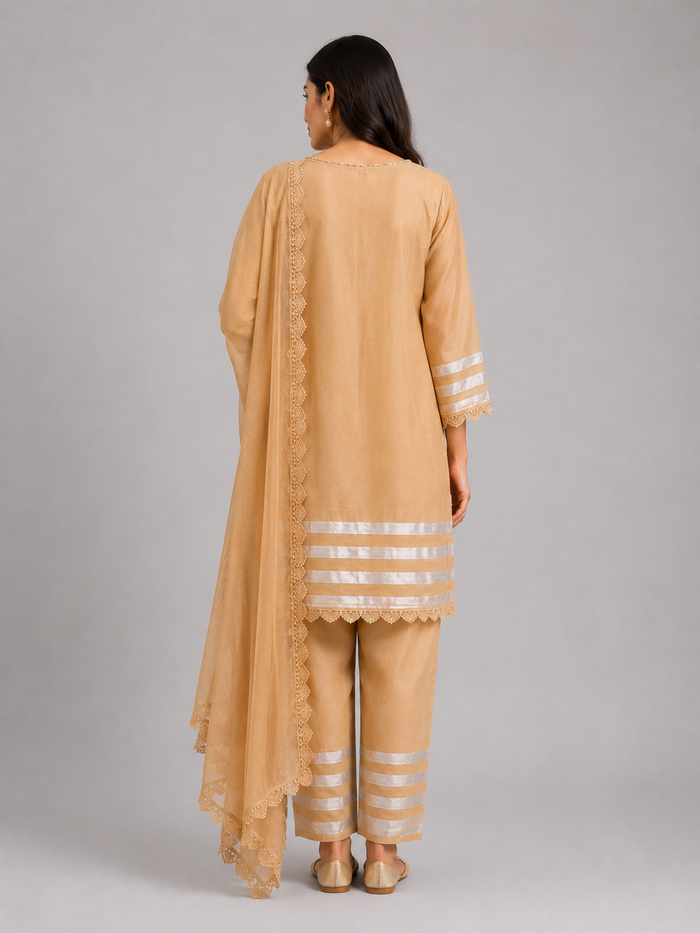 Beige Embroidered Kurta Set with Dupatta Front