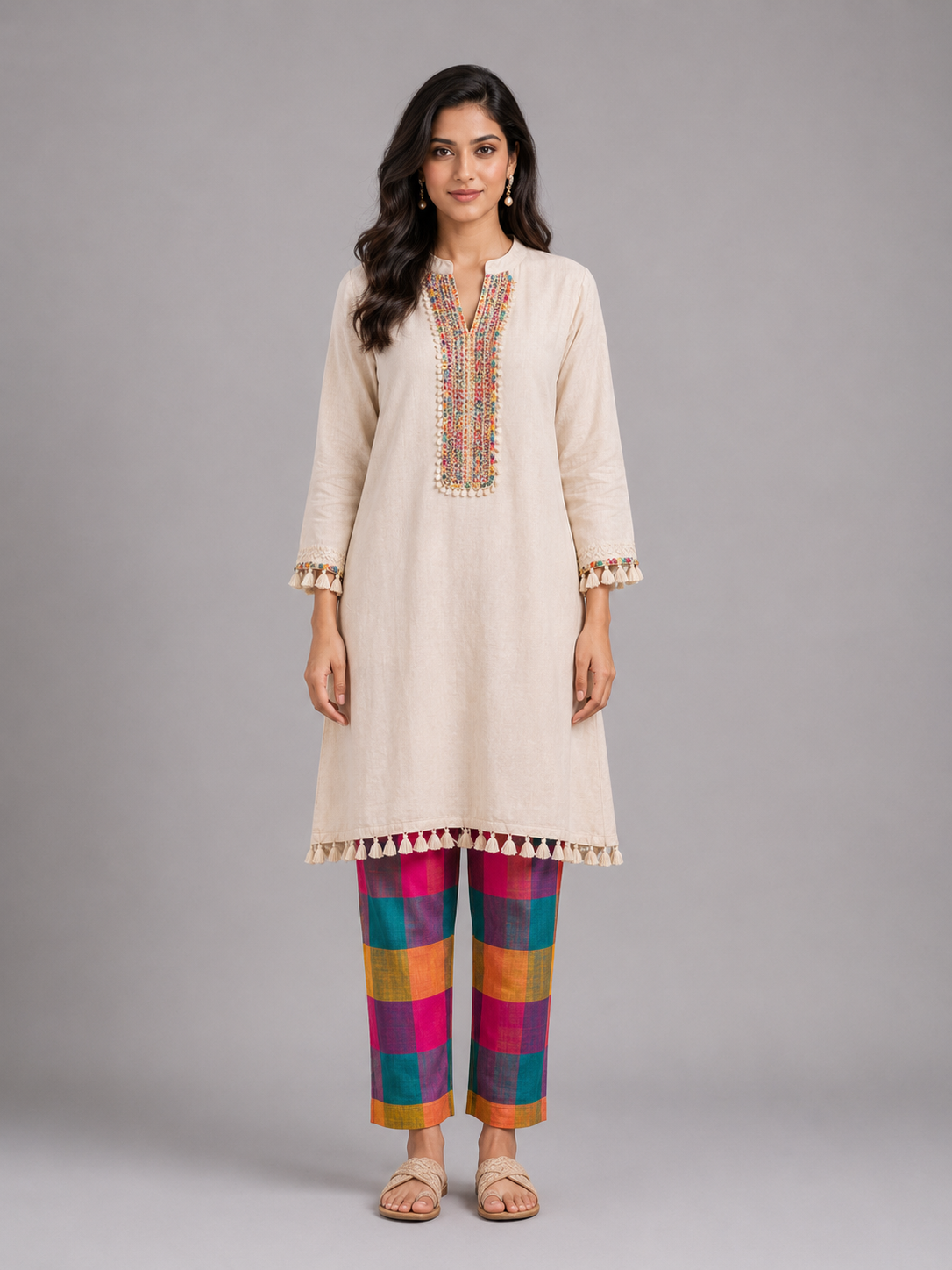 Ivory Embroidered Kurta with Multicolor Check Pants view layout card 4