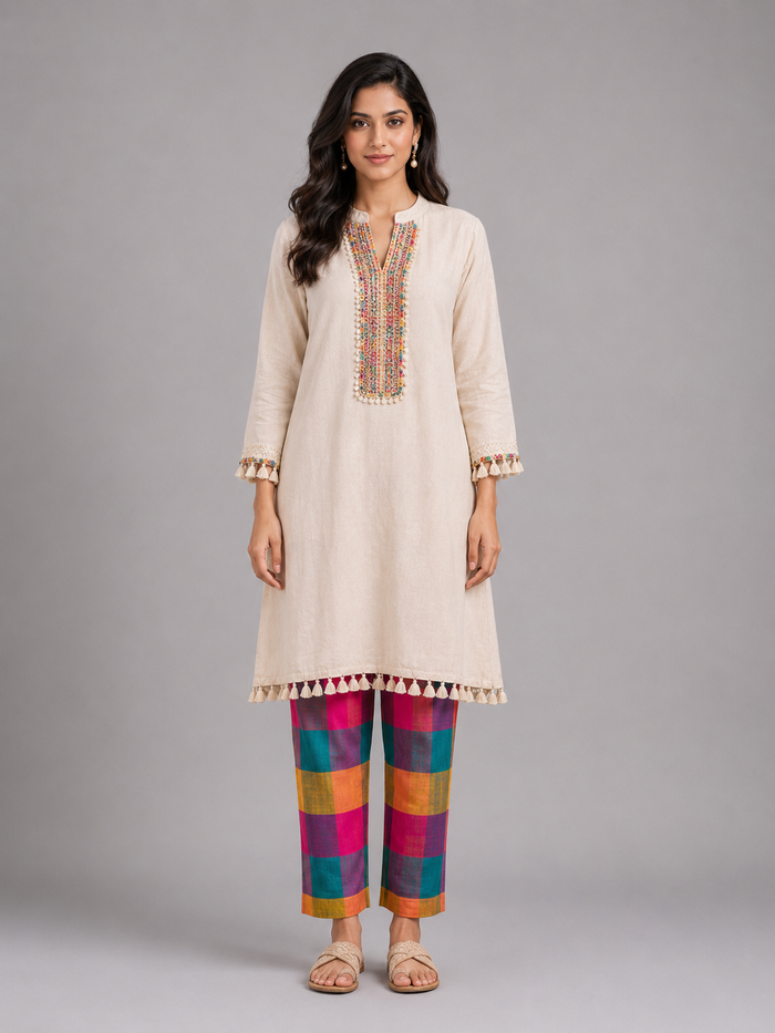 Ivory Embroidered Kurta with Multicolor Check Pants Front