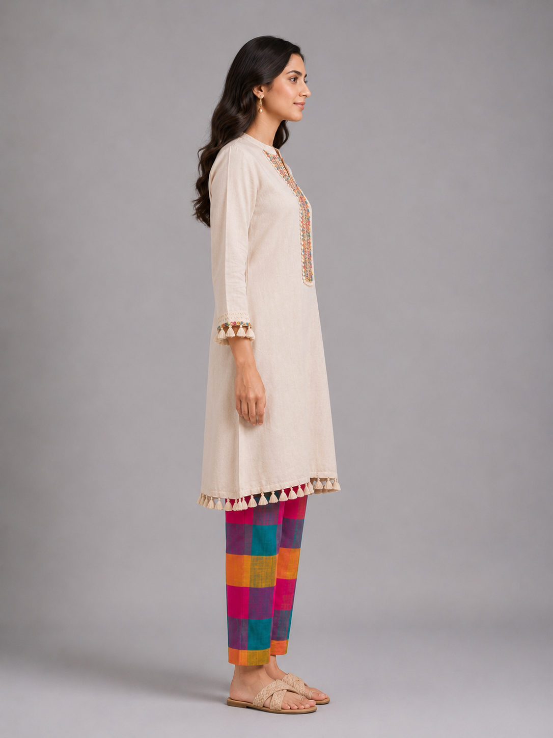 Ivory Embroidered Kurta with Multicolor Check Pants view layout card 3