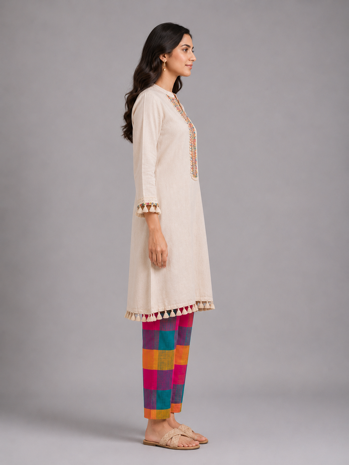 Ivory Embroidered Kurta with Multicolor Check Pants Alternate