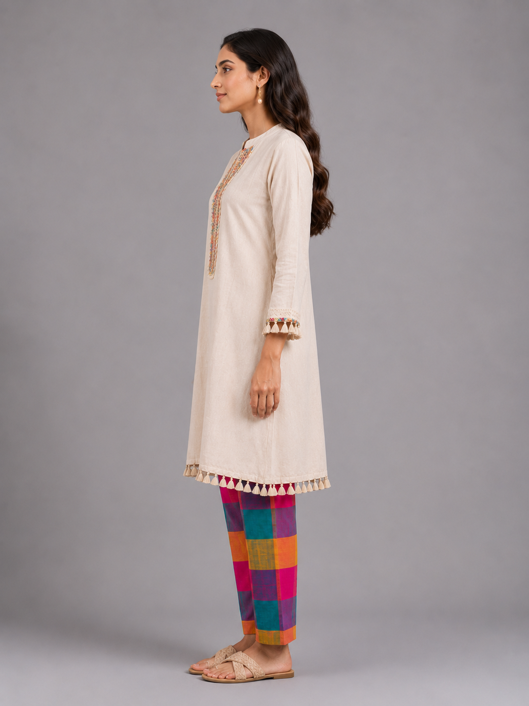 Ivory Embroidered Kurta with Multicolor Check Pants view layout card 2