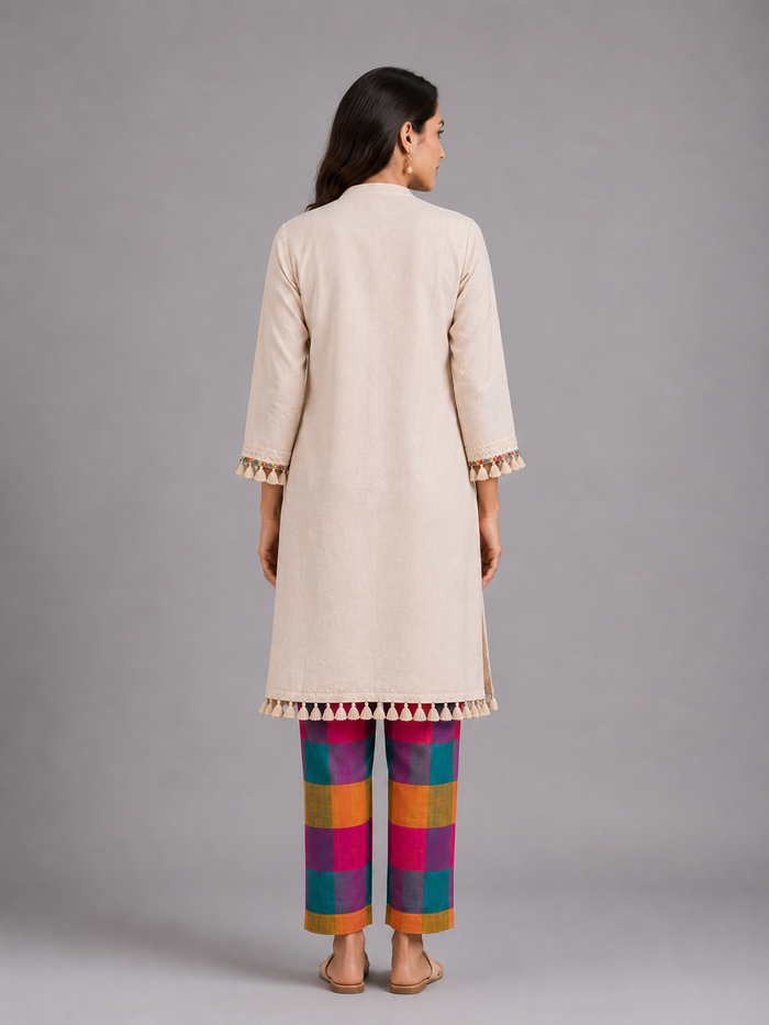 Ivory Embroidered Kurta with Multicolor Check Pants Front