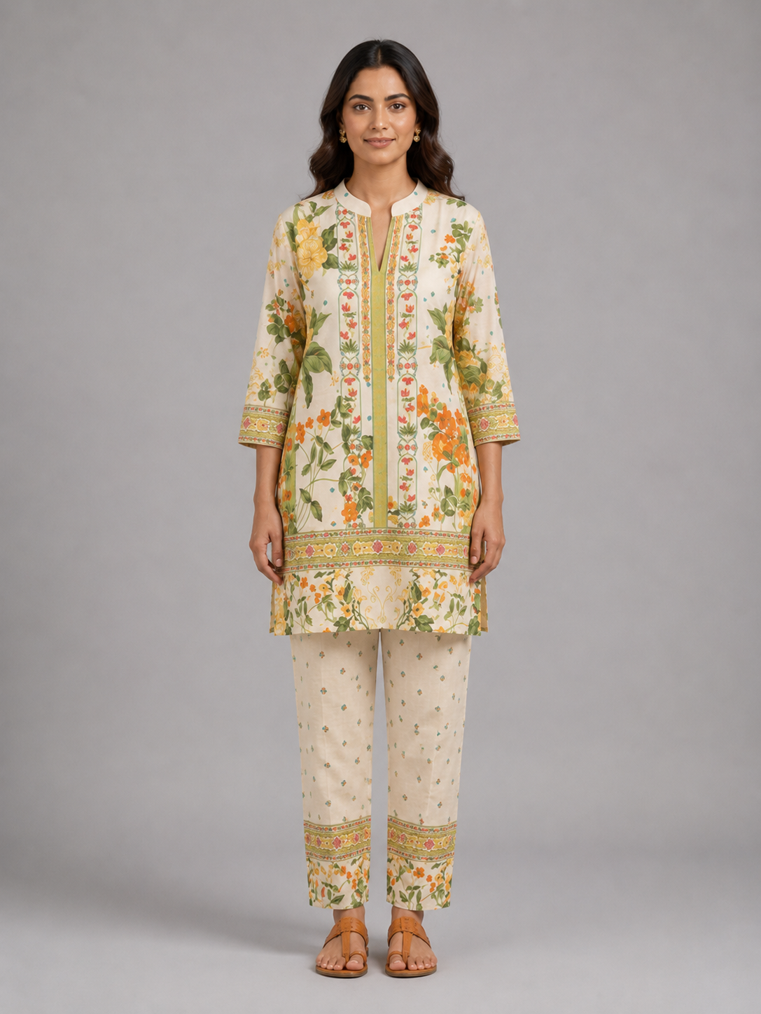 Cream Floral Printed Cotton Co-ord Set view layout card 2