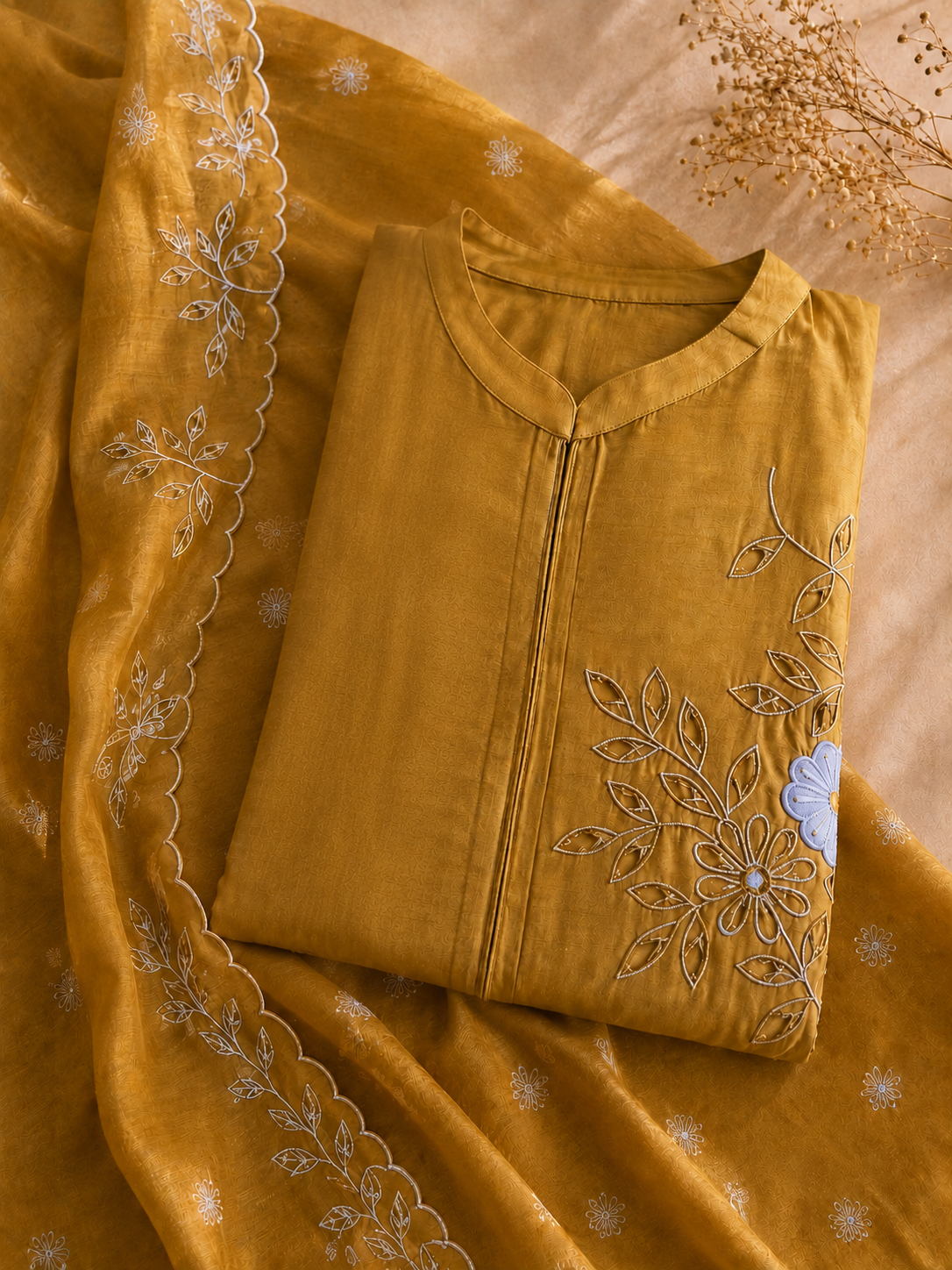 Mustard Floral Embroidered Kurti Set