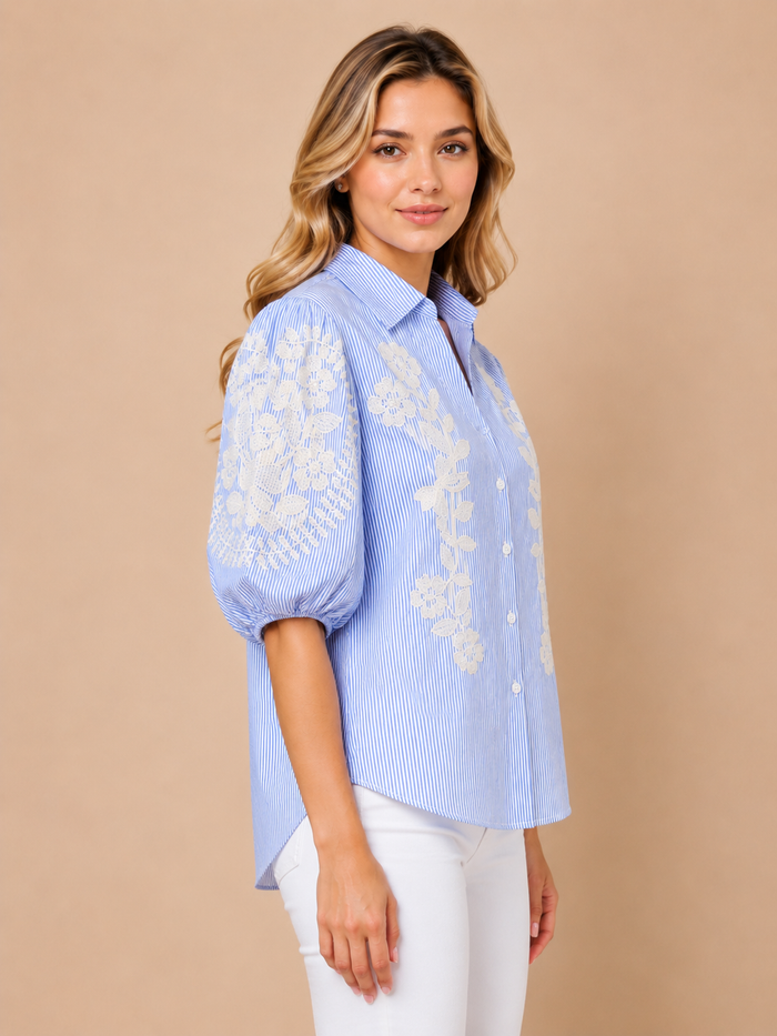 Stripe Floral Embroidered Puff Sleeve Shirt Alternate