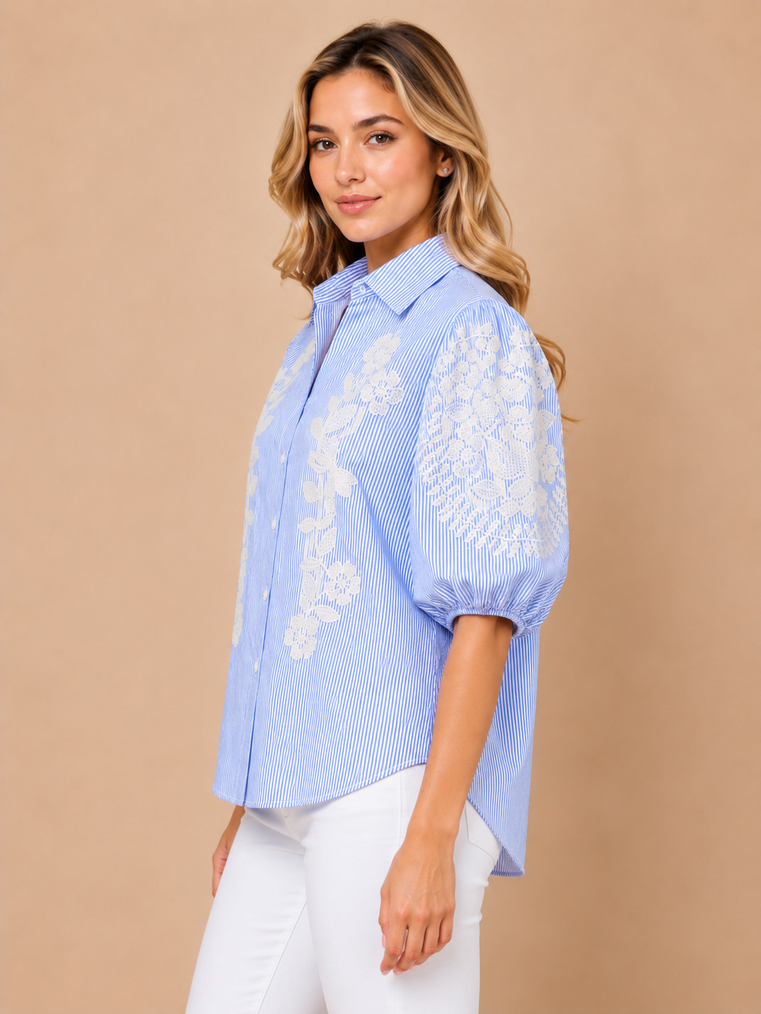 Stripe Floral Embroidered Puff Sleeve Shirt view layout card 3
