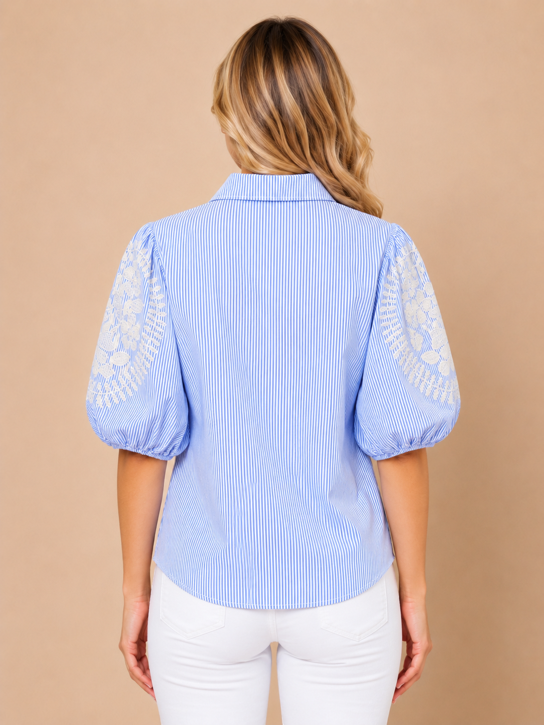Stripe Floral Embroidered Puff Sleeve Shirt view layout card 4