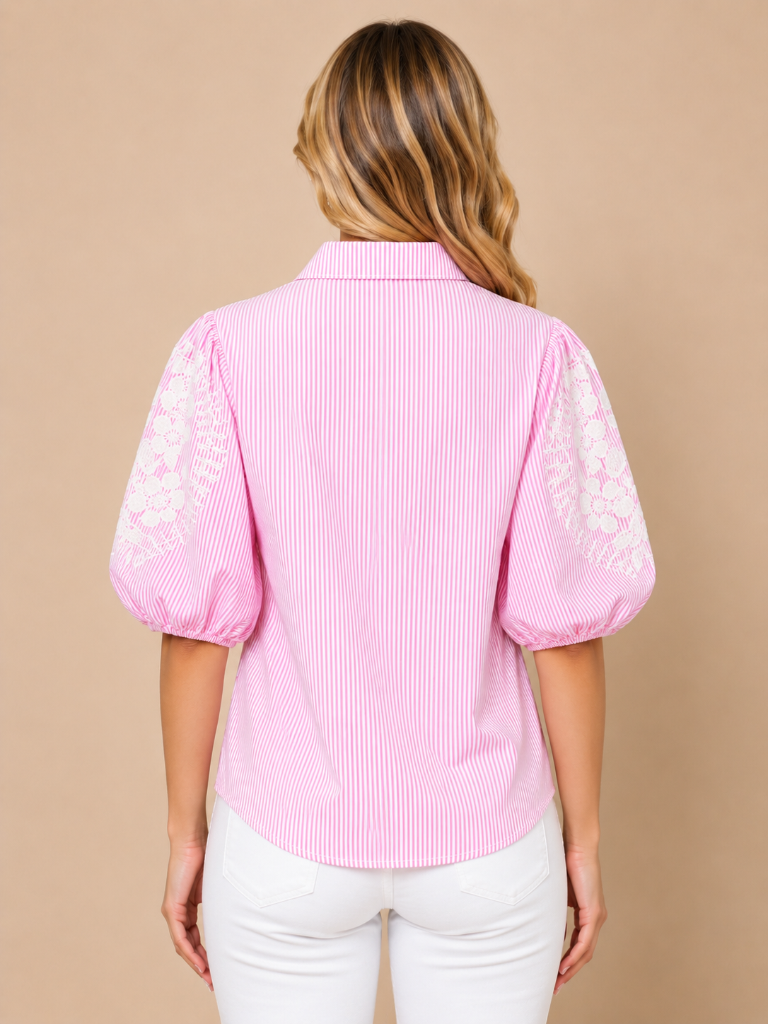 Stripe Floral Embroidered Puff Sleeve Shirt pink view layout card 4