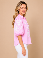 Stripe Floral Embroidered Puff Sleeve Shirt pink crop asset thumbnail