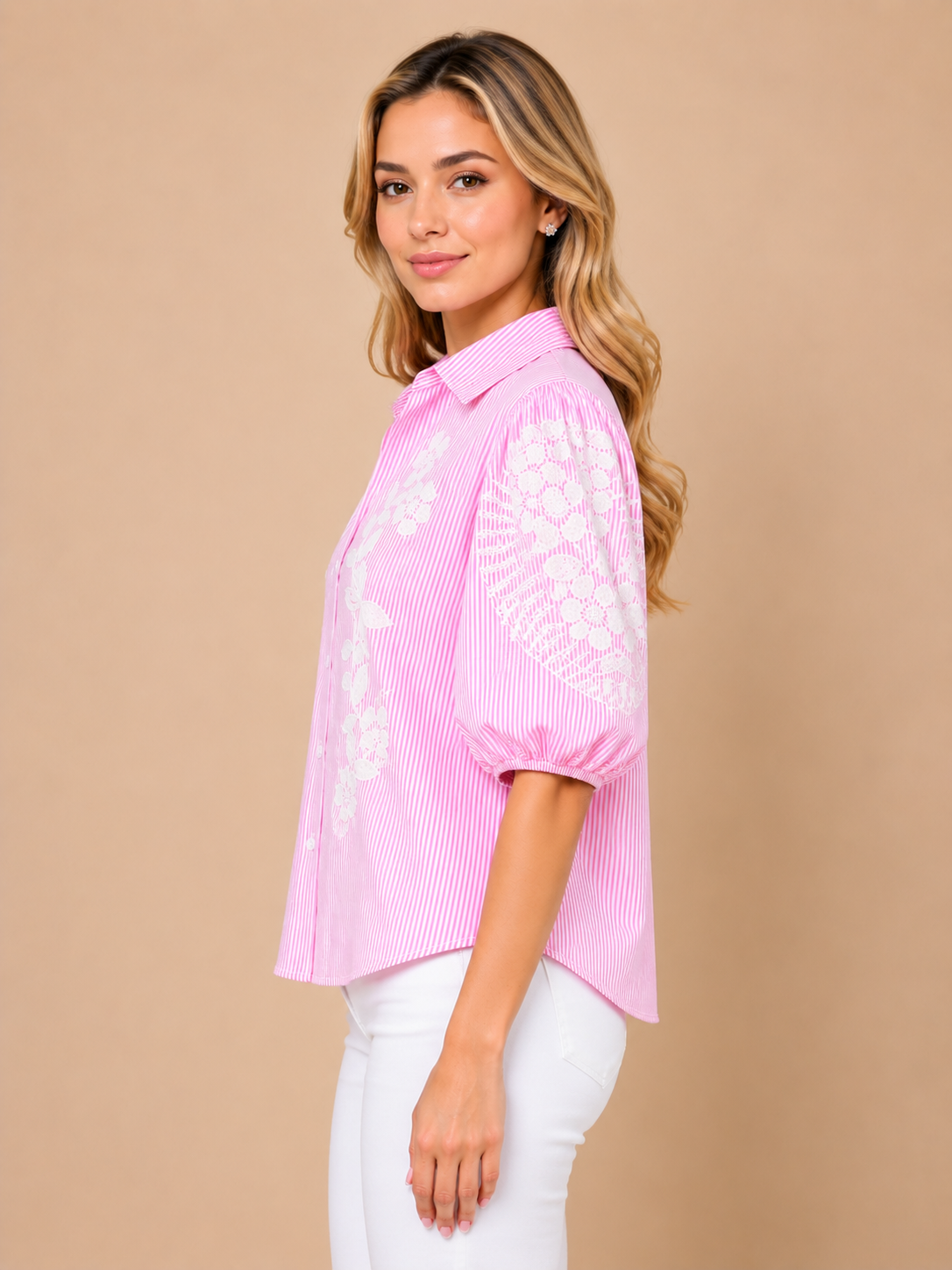 Stripe Floral Embroidered Puff Sleeve Shirt pink view layout card 3