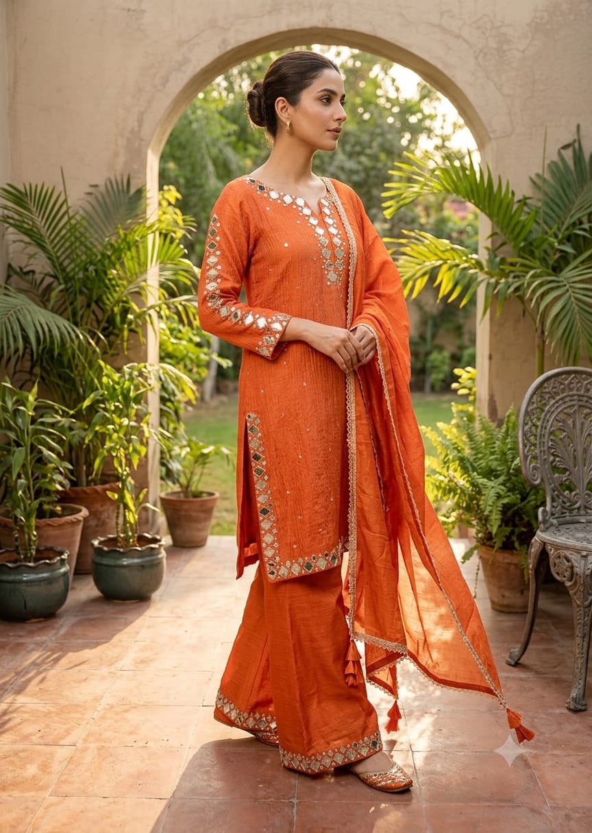 Burnt Orange Mirror-Work Silk Suit Set view layout card 1
