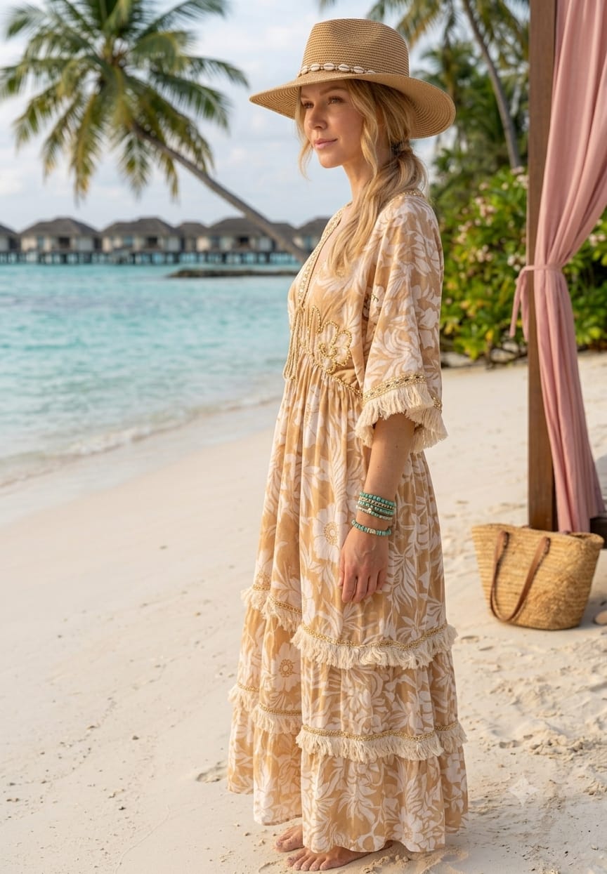 Beige Embroidered Boho Long Dress view layout card 4