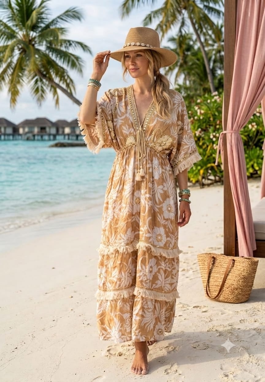 Beige Embroidered Boho Long Dress view layout card 1