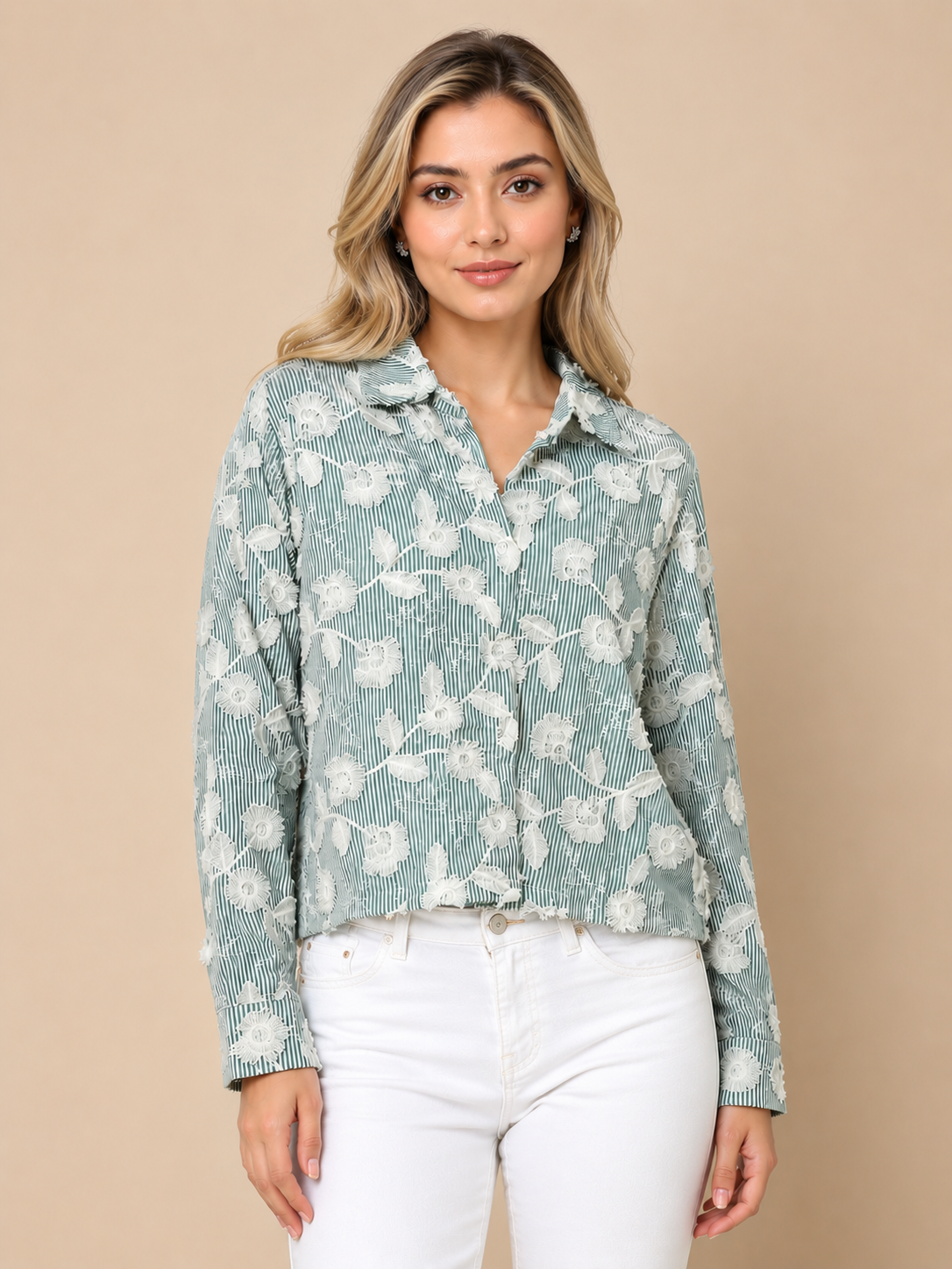 Green Stripe Floral Embroidered Shirt