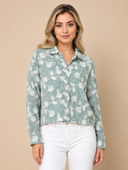 Green Stripe Floral Embroidered Shirt