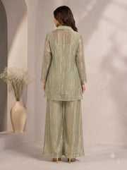 Back view of Jinisha Bafana Collection sage green crinkled metallic tissue tunic and wide-leg palazzo co-ord set.