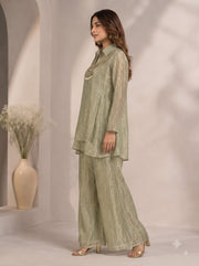 Jinisha Bafana Collection sage green metallic crinkled tissue tunic and palazzo set with beaded bib yoke