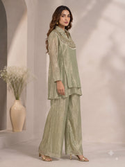 Jinisha Bafana Collection sage green crinkled metallic tissue tunic and wide-leg palazzo co-ord set with beaded yoke